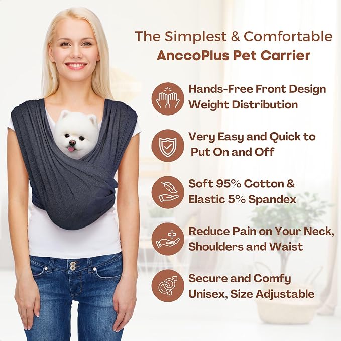 AnccoPlus Dog Carriers for Small Dogs, Front Facing Cat Carrier, Hands Free Dog Carrier, Size Adjustable Pet Carrier, Reducing Back Pain, Soft Cotton, Safe Small Dog Carrier(Regular, Charcoal Black)