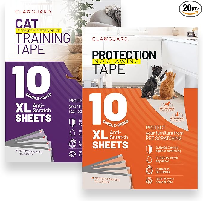 CLAWGUARD Bundle Pack – Cat Deterrent Tape & Dog Protection Tape – 20 Total Sheets (10 Double & 10 Single-Sided) – Anti Scratch Furniture Protector