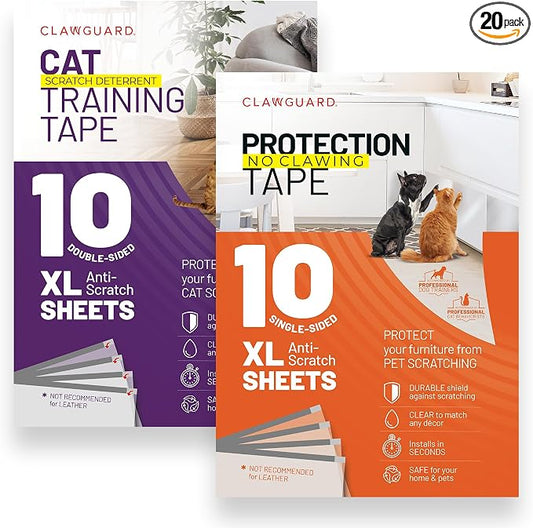 CLAWGUARD Bundle Pack – Cat Deterrent Tape & Dog Protection Tape – 20 Total Sheets (10 Double & 10 Single-Sided) – Anti Scratch Furniture Protector