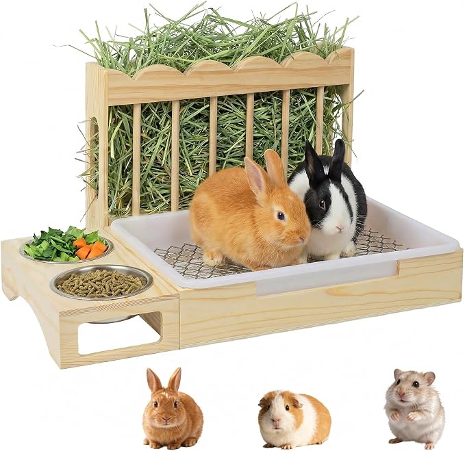 3-in-1 Wooden Rabbit Hay Feeder with Litter Box for Rabbits & Small Pets | Sturdy Wooden Hay Feeder Set for Guinea Pigs, Chinchillas, Hamsters, Ferret and Other Small Animal