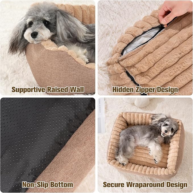 Avont Supportive Dog Bed for Small Dogs & Cats, Plush Foam Fill, Camel | Removable Machine Washable Cover, Low 5.12" Entry for Pups & Seniors, 7:3 Foam-PP, Non-slip Bottom, Hidden Chew-proof Zippers