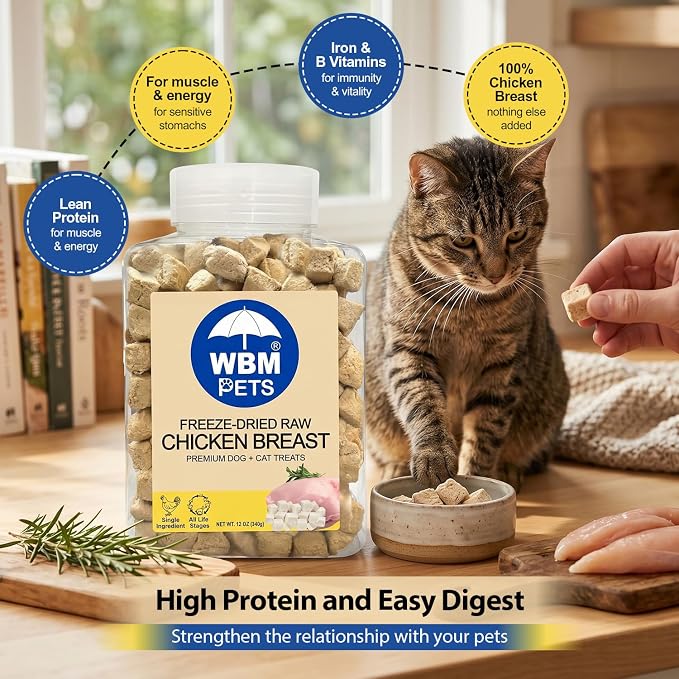 WBM Pets Freeze Dried Dog Treats | Chicken Breast, Single Ingredient | Premium Quality | Grain Free Training Treats for Dogs & Cat, 12 oz Plastic Jar
