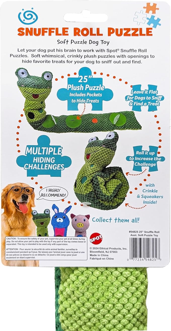 SPOT Snuffle Roll Puzzle Toy, Interactive Feeding Toy for Dogs, Mental Stimulation, 3 Treat Pockets, Crinkle & 2 Squeakers, 25 Inch, Assorted Styles