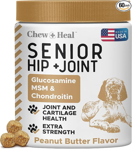 Glucosamine for Dogs Hip and Joint Supplement - 60 Soft Chews for Senior Dogs with Glucosamine, Chondroitin, MSM, and Omegas - For Mobility, Cartilage, and Joint Health - Peanut Butter Flavor