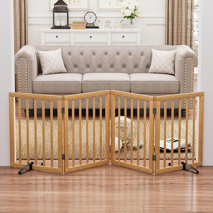 Natural 37-74" Wide Dog Gate for Stair, Bamboo Dog Gates for the House Doorways, Freestanding Pet Gates for Dogs, Doogie Puppy Fence Gate