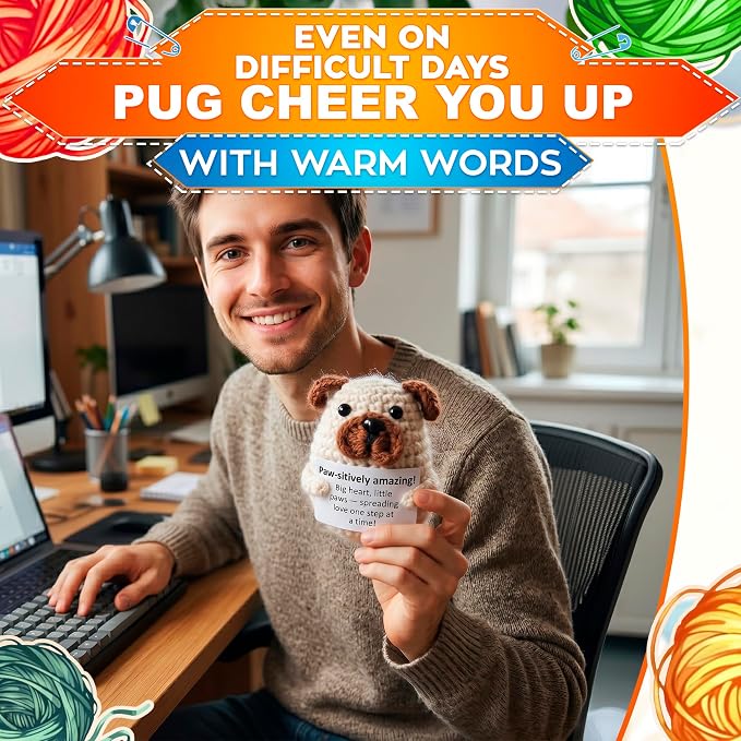 Reluen Crochet Dog, Big Heart Little Paws Handmade Puppy Crochet Animal with Inspirational Affirmation Card, Cute Crochet Desk Buddy Decor Gift for Dog Lovers Women Men Mom Daughter Friend Coworker