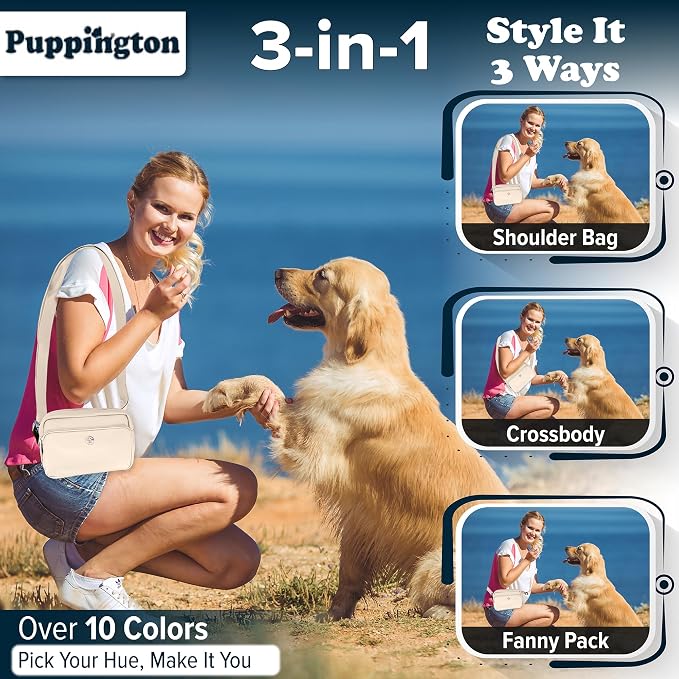 Puppington 3-in-1 Crossbody Dog Walking Bag & Treat Pouch for Pet Training - Matching Compostable Poop Bags, Built-In Poop Bag Dispenser & Slow-Feeding Travel Bowl (Vanilla Cream)