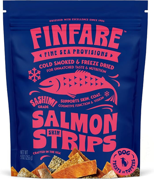 Finfare Freeze Dried Salmon Skin Treats for Dogs, Protein & Omega-3s, Grain Free Salmon Dog Training Treats, Crafted in USA, Strips - 9oz