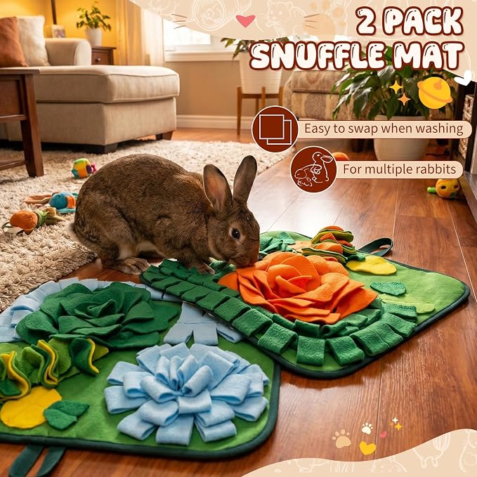 Yinkin 2 Pcs Rabbit Foraging Snuffle Mat for Small Animals Puzzle Toys Funny Interactive Nosework Feeding Mat for Bunny Hamsters Guinea Pigs Ferrets Chinchillas (17.7 x 17.7 Inches,Modern Styles)
