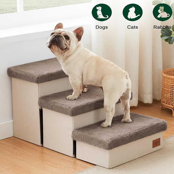 Love's cabin Dog Stairs for High Bed 18" H, 3 Steps with Furry Lids Pet Stairs for Small Medium Large Dogs, Foldable Cat Ramp with Zip up to 200 lbs, Brown