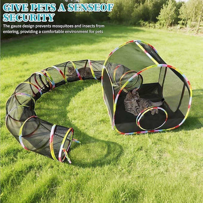 Outdoor Cat Enclosure, 2-in-1 Portable Pop Up Cat Mesh Tent with Tunnel for Cat Run, Easy Set Up and Foldable Catio Playground for Indoor Cats, Rabbits & Small Animals, Includes Storage Bag
