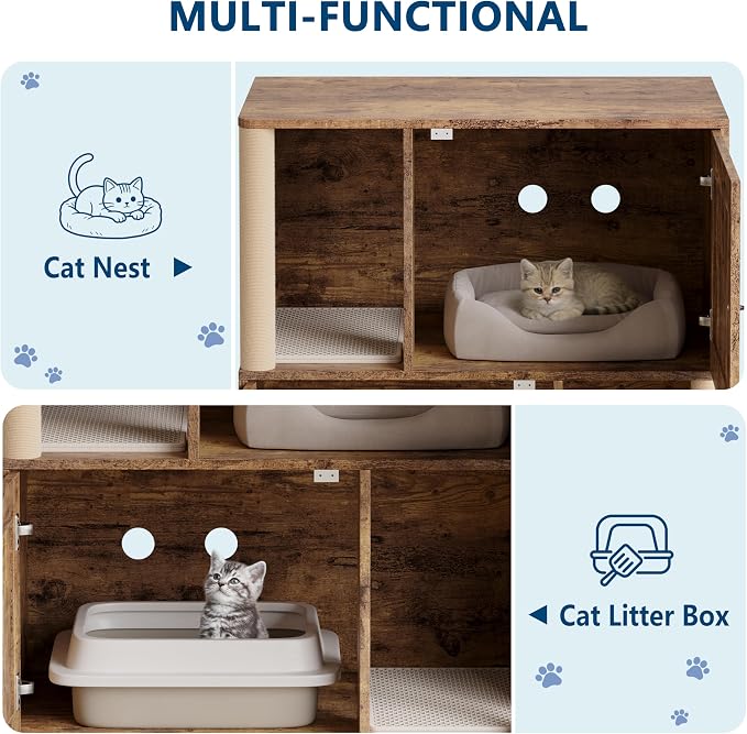 Cat Litter Box Enclosure, Two-Story Wooden Hidden Litter Box Furniture with Scratching Post, Multi-Level Cat Washroom Cabinet for 2 Cats, Reinforced Wood Frame & Ventilated Design for Small Apartment