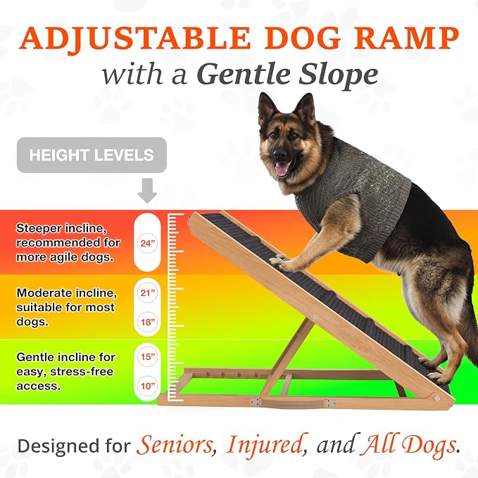 Adjustable Dog Ramp for Bed - 39" Long Foldable Wooden Ramp for Dogs to Get on Bed, Couch, or Car with 13.4" Wide Walking Space (Natural Wood with Gray Carpet)