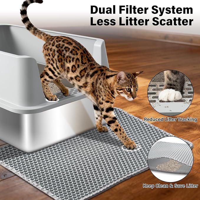 2PACK Stainless Steel Cat Litter Box with High Sides Lid, Extra Large XL Litter Box for Big Cats, Metal Kitty Litter Box, Anti-Urine Leakage, Easy Cleaning, Non-Sticky, Scoop and Mat Included