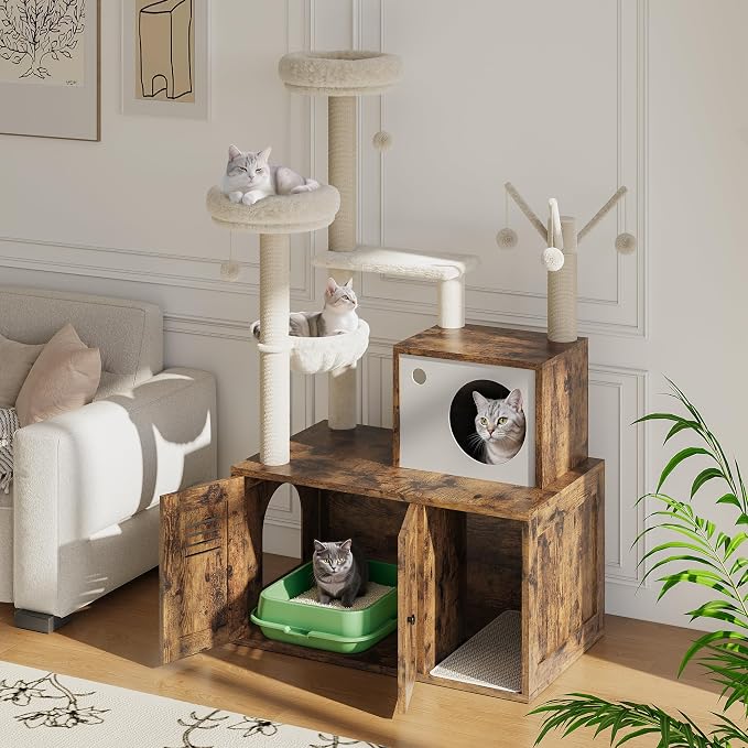 Cat Litter Box Enclosure with Tree Tower and Condo, Hidden Pet Washroom Furniture with Sisal Scratching Post,Hammocks and Soft Plush Perch, Wooden Cat Furniture with Multiple Platforms,Rustic Brown