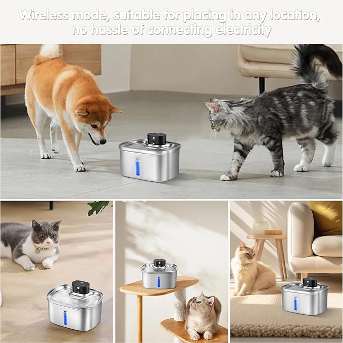 5L/169oz Automatic Stainless Steel Pet Water Fountain for Cats & Dogs, Cordless Cat Dog Drinking Fountain with 5000mAh Rechargeable Battery, Ultra-Quiet Pump & 3 Smart Modes