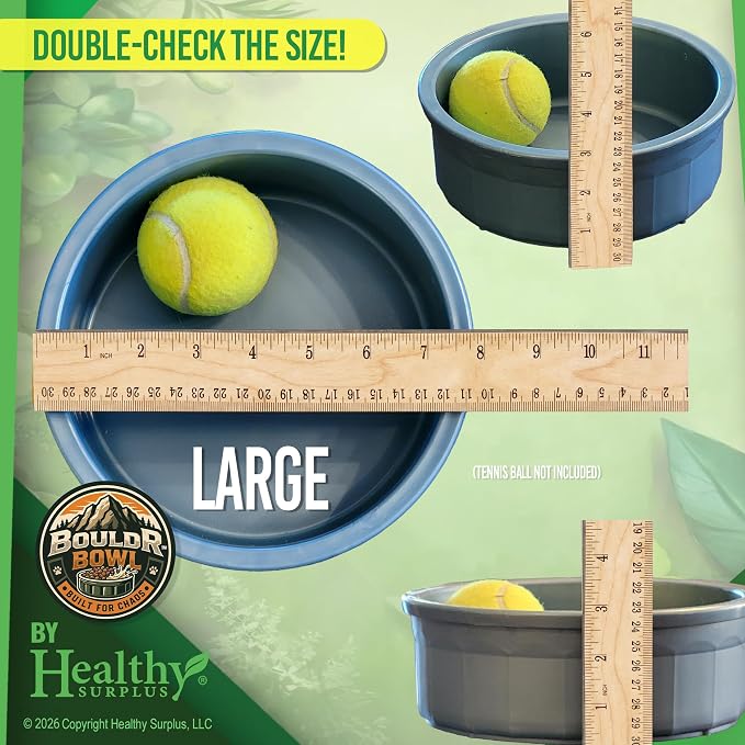 Pet Crock Bowl - 2 Pack – Thick Durable Plastic (Gray, 48oz Large) Non-Tip Food & Water Dish for Dogs, Cats - Indoor/Outdoor - Chew Resistant, Easy Clean BouldrBowl from Healthy Surplus®