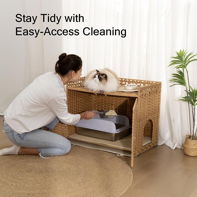 Furriends Cat Litter Box Enclosure with 2 Mats, Handwoven Rattan Hidden Litter Box Furniture Large 30.3”L x 18.2”W x 24.2”H, Double as Indoor Cat House or Side Table for Living Room Hallway, Tan