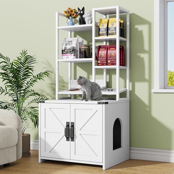 Kepptory Wooden Cat Litter Box Enclosure Furniture with Open Storage Shelves, Hidden Kitty Litter Box Cabinet Side Entrance, Multi-Purpose Cat House Cat Feeder Stand for Indoor Cats, White