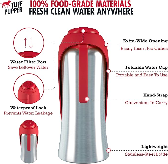 Tuff Pupper Retractable Dog Leash and 27oz Pupflask Portable Water Bottle - Red