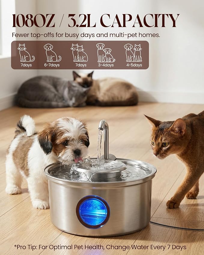 Hicuper Cat Water Fountain,108oz/3.2L Stainless Steel Cat Fountain and Removable Water Bowl,Pet Fountain with Water Level Window,Quiet Pump,Multi-Filter, Water Tap, Provides Flowing,for Dog Cats