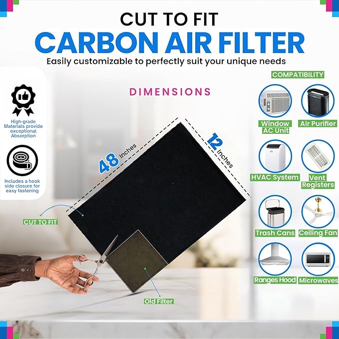 Cut to Fit Activated Carbon Filter Sheet 12” x 48” - Activated Carbon Air Filter for Air Purifiers Window AC Air Vent And More - Charcoal Filters Absorb Odors & Freshens the Air (2-Pack)