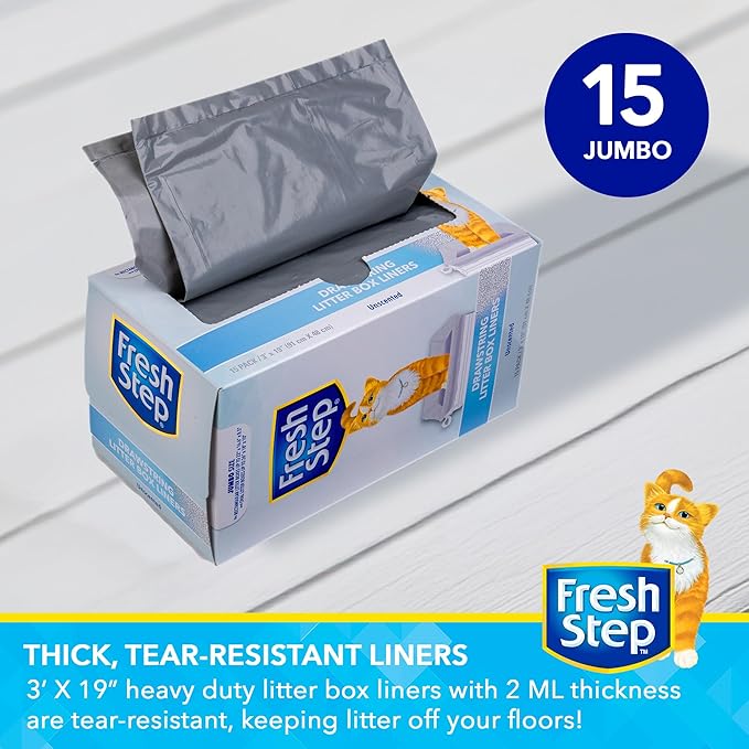 Fresh Step Jumbo Drawstring Cat Litter Box Liners X-Large Oval Rectangle Pans Heavy Duty Unscented 36 x 19 Inch 15 Count Leak Proof Easy