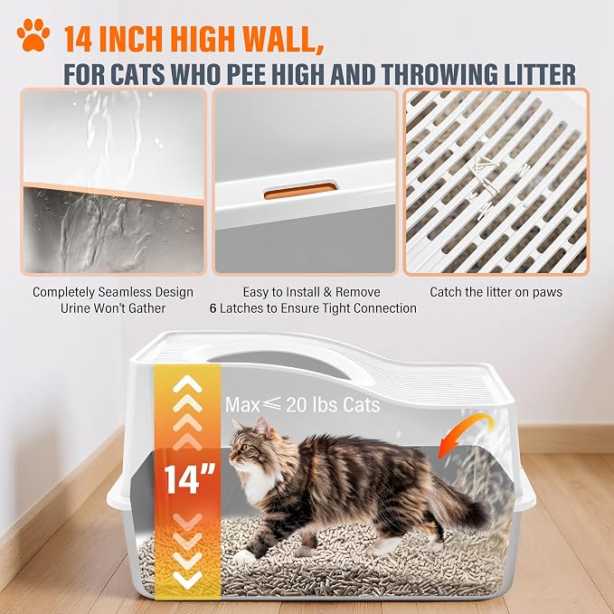 Top Entry Cat Litter Box with Lid, Stainless Steel Enclosed Cat Kitty Litterbox, Top Opening Large Enclosure Metal High Side Litter Pan Tray Box Dog Proof, Easy Cleaning, White
