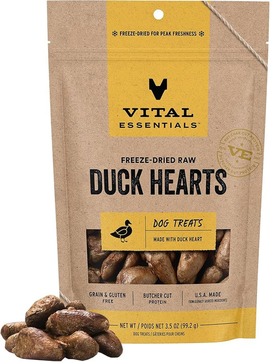 Vital Essentials Freeze Dried Raw Duck Hearts Dog Treats | Single Ingredient | Premium Quality | Grain Free Treats for Dogs, 3.5 oz Bag