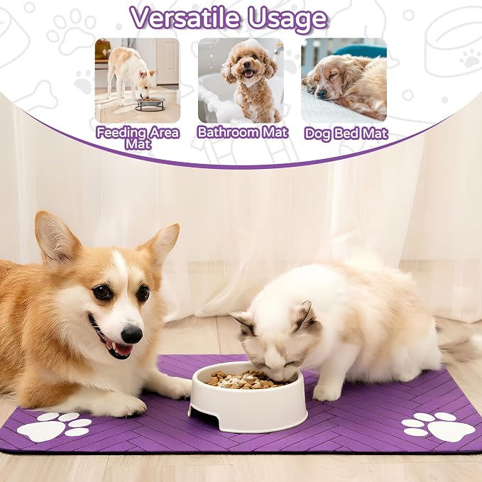 Pet Feeding Mat-Absorbent Dog Feeding Mat for Food and Water Bowl,No Stains Pet Placemat,Quick Drying Water Dispenser Mat for Dog and Cat,Easy to Clean Dog Accessories(L,Purple)