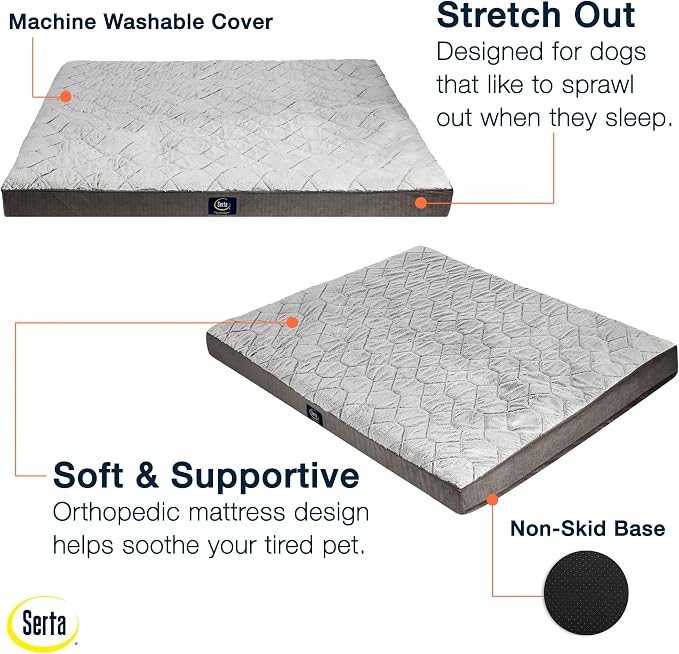 Serta Orthopedic Quilted Pillow Top Dog Bed for Pets – Slate Gray (X-Large)
