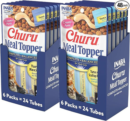 INABA Churu Meal Topper for Cats, Complete & Balanced, Creamy, Lickable Purée Cat Food Topper, 0.5 Ounce Tube, 48 Tubes (4 per Pack), 2 Flavor Variety Pack