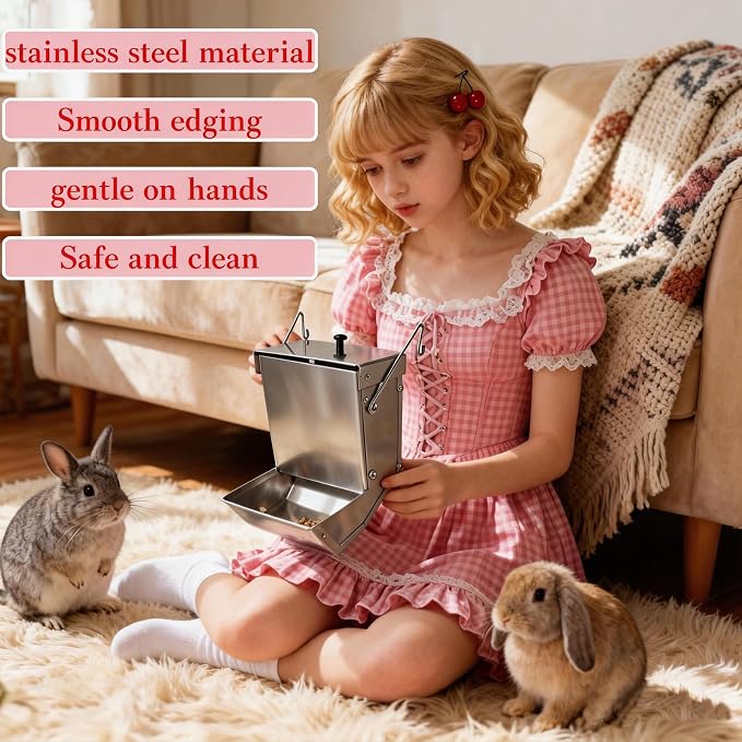 Small Animal Gravity Feeder with Lid - Stainless Steel Anti-Corrosion Durable Large Capacity Food Dispenser for Rabbits, Guinea Pigs, Chinchillas & Other Small Pets for Indoor Outdoor Cage Use (4Lbs)