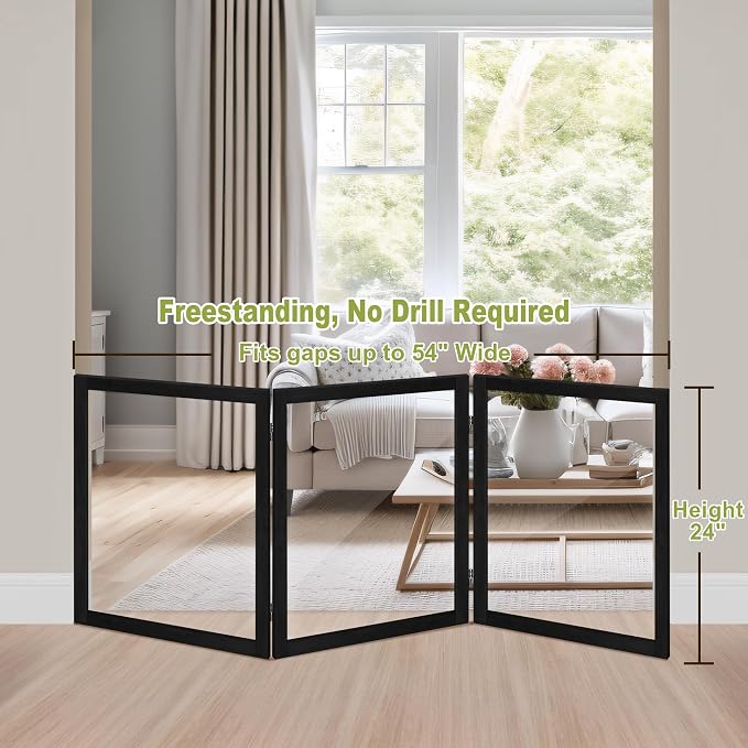 LZRS Clear Dog Gate for Indoor Use - Transparent Pet Fence with Solid Hardwood and Plastic Board, Stylish & Durable freestanding Pet Gate for Doorways, Stairs and Hallways-3 Panel Black