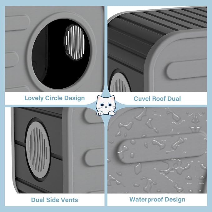 NUNU LAB Cat Litter Box Enclosure,Plastic Cat House Outdoor, Cats House for Indoor, Weatherproof Cat House, Camera Shaped Design, with Escape Door, for Small to Medium Cats (Grey)