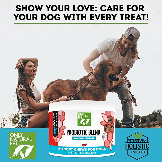 Only Natural Pet Probiotic Dog and Cat Supplement - Digestive & Gut Health Enzyme Formula, Puppy & Canine Digestive Chews, Best for Stomach Relief & Gas Aid - Soft Chews, 60 Count.