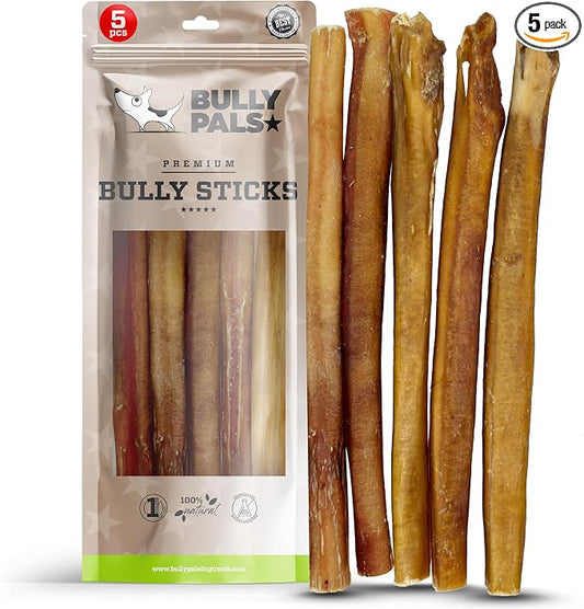 12 inch Jumbo Bully Sticks for Large Dogs (5 Pack) - Extra Thick Beef Pizzle Sticks, Long Lasting Dog Bones, Easily Digestible Dental Chews, Naturally Low Odor, Rawhide Free Dog Treats