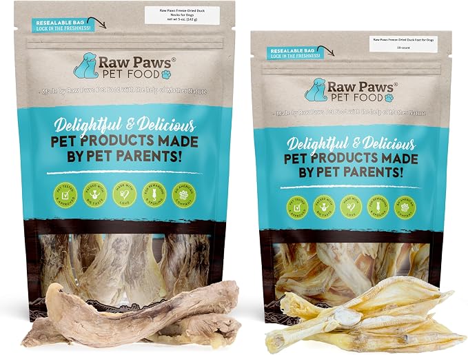 Raw Paws Freeze Dried Duck Necks & Feet Bundle - Duck Necks & Feet for Dogs, 5-oz & 10 Pack - Made in USA - Fully Digestible Dog Chew - Single Ingredient Treats