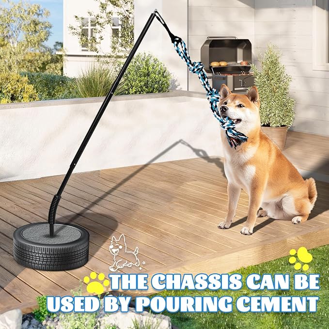 Outdoor Dog Tug Toy Reinforced Spring Rod with Durable chew-Resistant Rope for Independent Play and Interactive Fun in Yards and lawns Adjustable Height for Medium to Large Breeds Black
