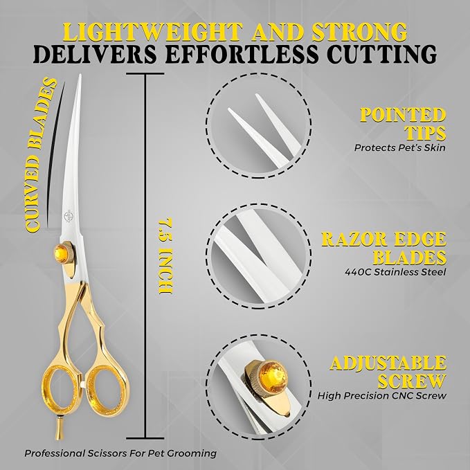 7.5 Inch Curved Grooming Scissors for Dogs and Cats – Professional Pet Grooming Shears for Face, Paws, Body and Tail – Sharp, Smooth, Ergonomic Curved Blades for Salon Groomers and Home Use