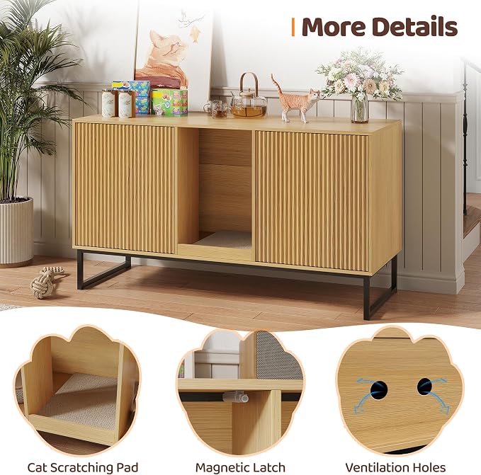 Kitty Litter Box Enclosure for 2 Cats, Small Hidden Cat Litter Box Furniture with Scratch Pad, Modern Fluted Double Litterbox Cabinet TV Stand for Kittens, Natural