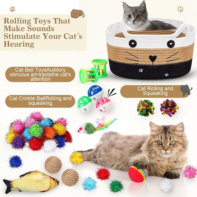 Zopeal 76 Pcs Graduation Cat Storage Basket Gift Toys Set Interactive Cat Toys Kitten Wand Colorful Flashing Balls Pet Crinkle Balls Attract Kitten to Swat, Hunt for Pet Indoor(White,Coffee,Black)