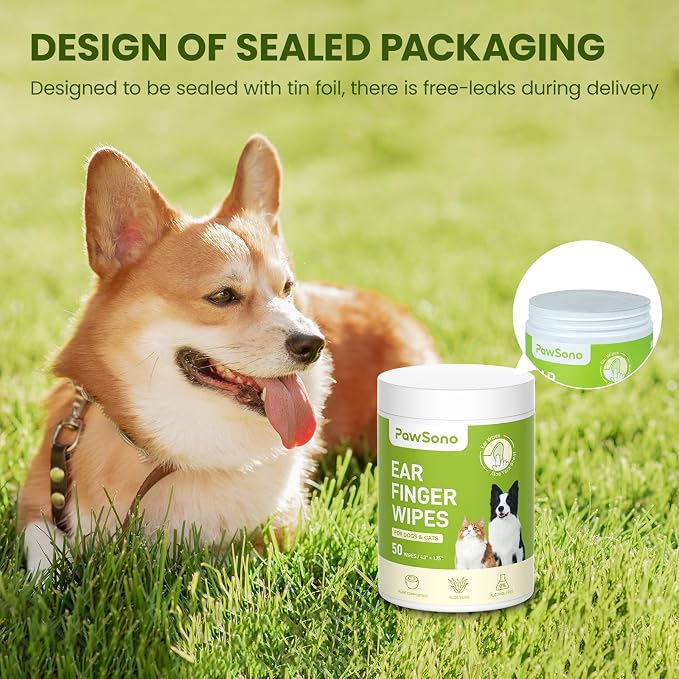 PawSono Ear Finger Wipes Eye Wipes for Dogs & Cats, Thicker Dog Ear Cleaner Wipes, Natural Relief Cat Ear Cleaner Dog, Pet Health Supplies for Dog Kitten Small Animal, Aloe Scent Deodorizing - 100 P