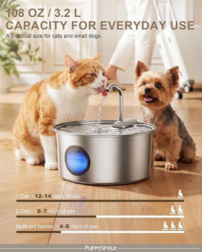 Cat Water Fountain Stainless Steel - 108oz/3.2L Automatic Cat Water Fountain for Drinking with 10PCS Filters, Metal Pet Water Fountain Water Dispenser for Cats, Puppy, Multiple Pets