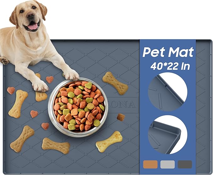 URMONA Large Dog Food Mat, 40" x 22" Pet Food Mat, Waterproof Dog Cat Food Mat with Raised Edges, Silicone Pet Food Mat, Dog Accessories, Prevents Food Spills, Protects Floors (Dark Gray)