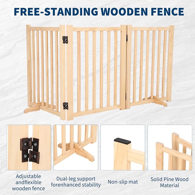 Wooden Freestanding Dog Gate, Foldable Pet Gate with Support Feet, Indoor Dog Fence for The House,Doorways, Stairs，Expandable Pet Fence -3 Panel H:24”