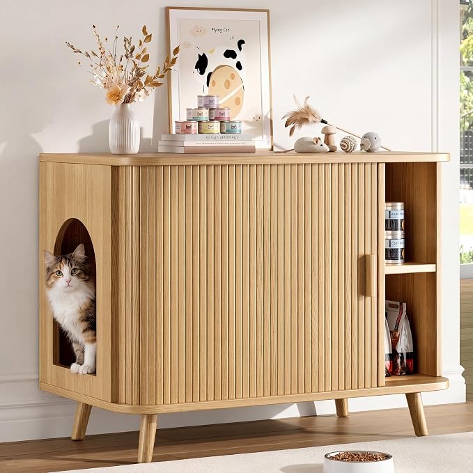 35.4" Cat Litter Box Enclosure with Sliding Door – Wooden Hidden Litter Box Furniture with 2-Layer Shelves, Side End Table for Living Room, Oak