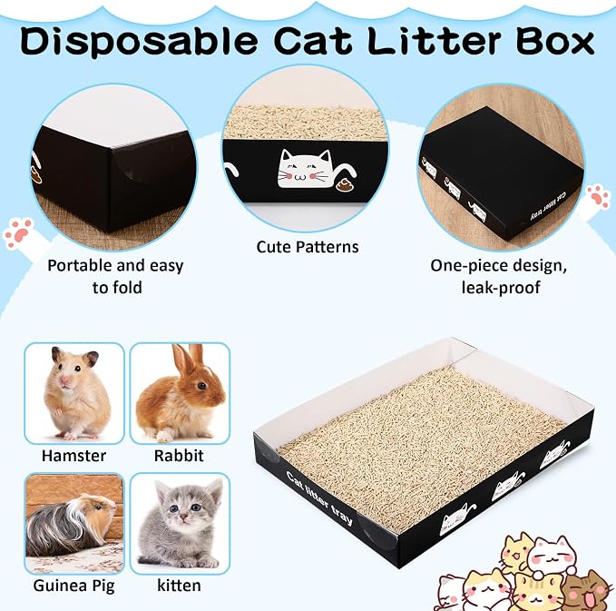 Amyhill 30 Pack Disposable Cat Litter Box 13.8x10x2in Foldable Paper Kitty Trays Bulk Portable Water Proof Cardboard Boxes for Cats Rabbits Guinea Pig Hamster Pets Travel Indoor Supplies(Black)
