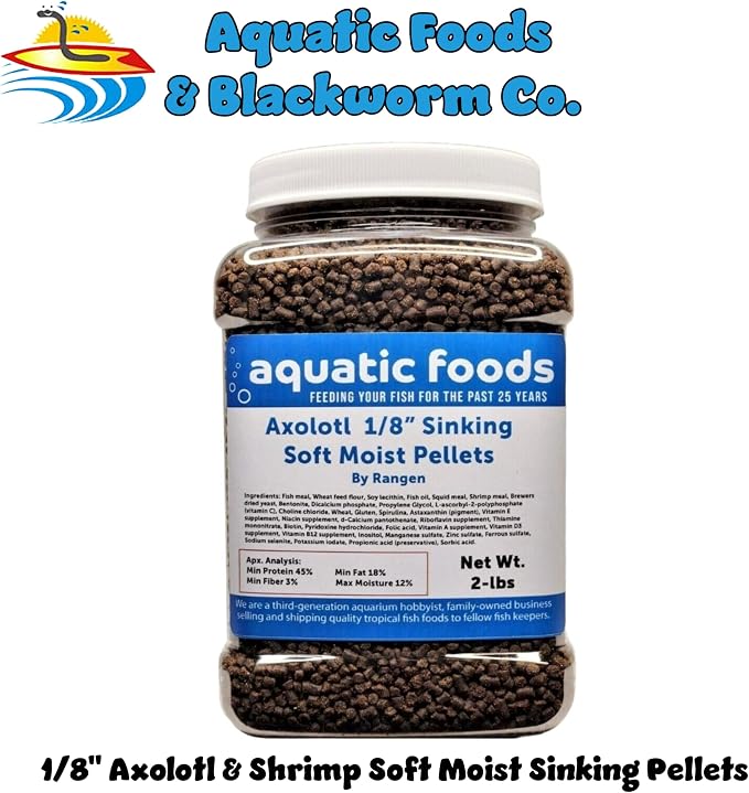 Axolotl Food 1/8" Soft Moist Sinking Salmon Pellets for Juvenile Axolotl Also Shrimp, Snails, Crabs, Crayfish, Bottom Tropical Fish...2-lb Med Jar