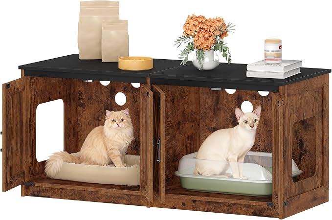 Hzuaneri Cat Litter Box Enclosure for 2 Cats, Hidden Litter Box Furniture Cabinet with Double Room, Indoor Cat House, Farmhouse Style, 46.7 x 18.9 x 21.1 Inches, Rustic Brown CB85301X